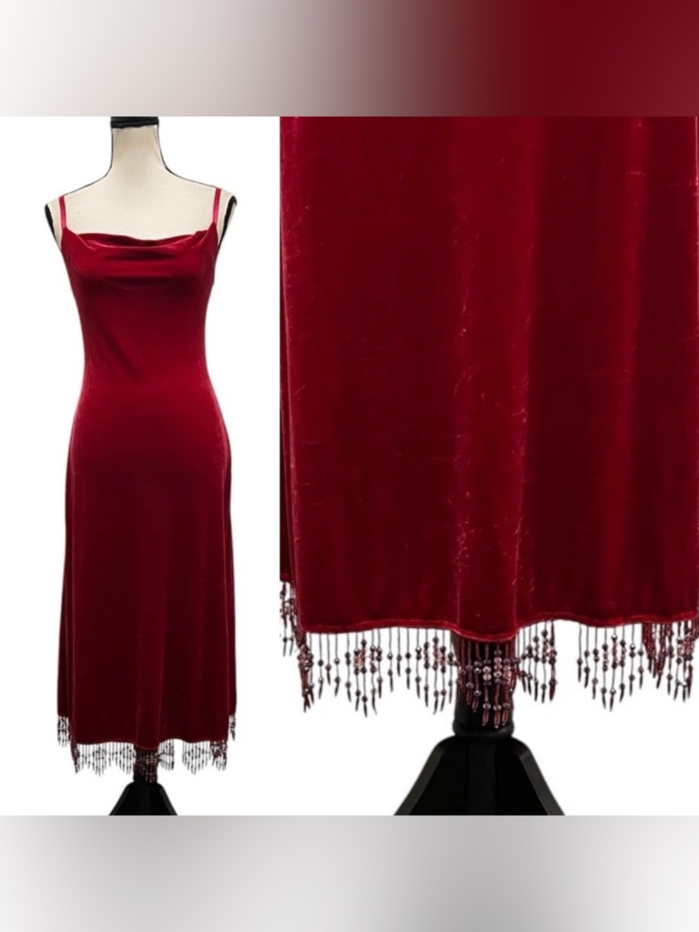Vintage Betsey Johnson New York Velvet Beaded Fringe Slip Dress M FLAW - Picture 15 of 15